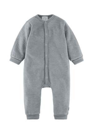 Grauer Baby-Body mit langen Ärmeln, Druckknöpfen vorne und gerippten Bündchen an Handgelenken und Knöcheln, aus weichem Stoff.