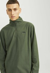 Pullover in pile verde con colletto alto, zip a un quarto di lunghezza e logo nero sul lato sinistro del petto. Texture morbida e vestibilità rilassata.