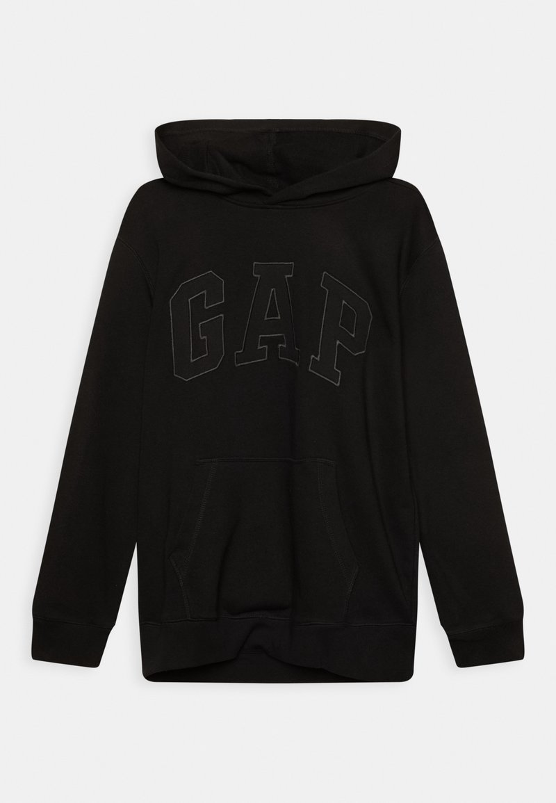 Sweat à capuche noir avec poche kangourou à l'avant et logo "GAP" en relief sur la poitrine, manches longues et col à capuche.