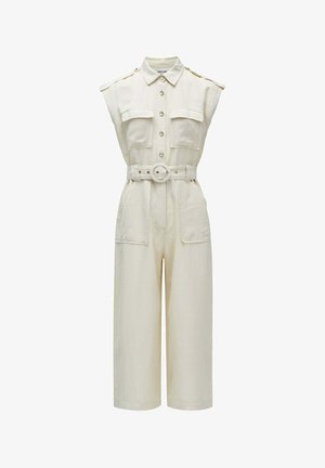 Cremfarbener Jumpsuit mit ärmellosem Design, Knopfleiste, zwei Brusttaschen, tailliert mit einem runden Gürtel und weiten, cropped Hosenbeinen.