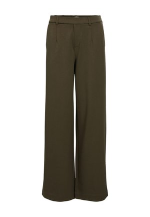 Wide-leg trousers in dark olive green fabric. Features a smooth texture, front pleats, and a tailored waistband with belt loops.
