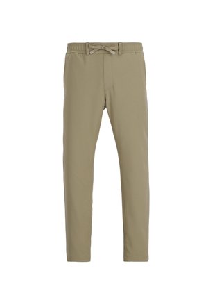 Hellbraune, schlanke Hose mit elastischem Bund und Kordelzug. Hergestellt aus einem weichen, glatten Stoff ohne sichtbare Muster oder Akzente.