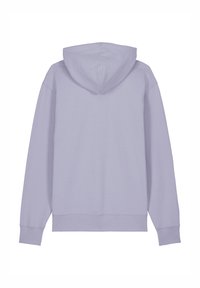 Lichtpaarse hoodie met een achterkantweergave, voorzien van een trekkoordcapuchon, lange mouwen en ribgebreide manchetten en zoom. Zacht katoenmateriaal.
