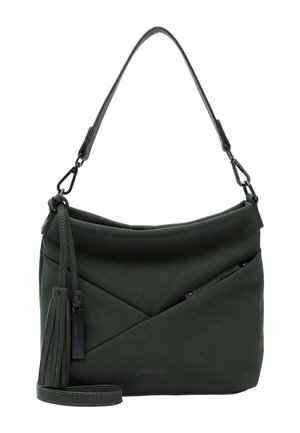 Sac d’épaule vert foncé avec texture perforée, poche zippée à l’avant, détail pompon et bandoulière ajustable avec fermoirs métalliques.