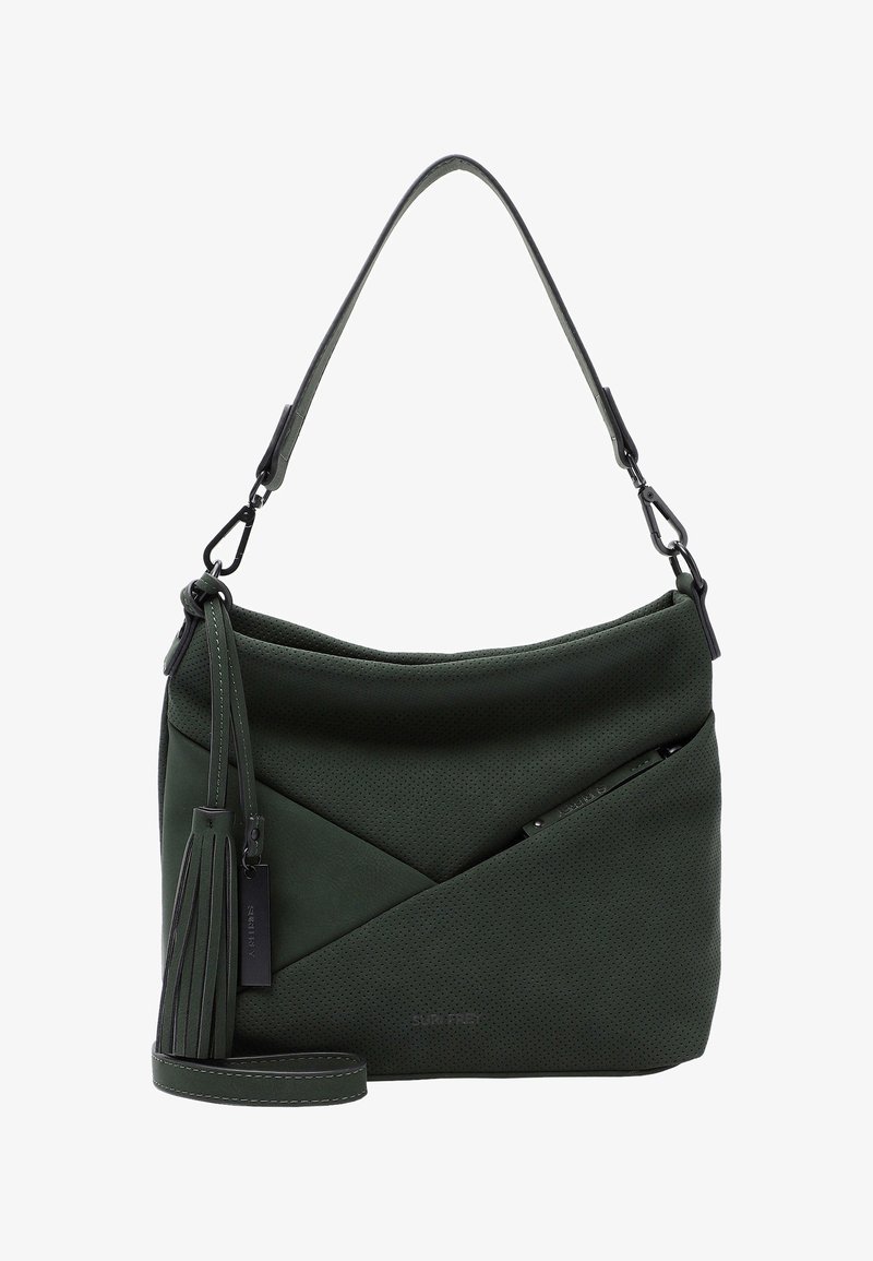 Sac d’épaule vert foncé avec texture perforée, poche zippée à l’avant, détail pompon et bandoulière ajustable avec fermoirs métalliques.