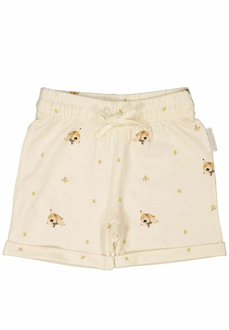 Krämfärgade shorts med elastisk midja och dragsnöre. Har ett tryckt mönster av djurhuvuden och små gula blommor.