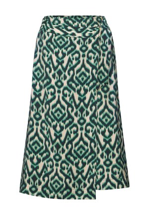 Hame skirti vaaleassa sävyssä, jossa on vihreä ikat-kuvio. Ominaisuuksiin kuuluu korkea vyötärö ja epäsymmetrinen helma. Valmistettu kevyestä, teksturoidusta kankaasta.