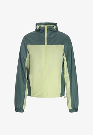 Leichte Jacke mit einem zweifarbigen Design: Oben in dunklem Grün und unten in hellgrün. Sie verfügt über einen Reißverschluss vorne, elastische Bündchen und eine verstellbare Kapuze.
