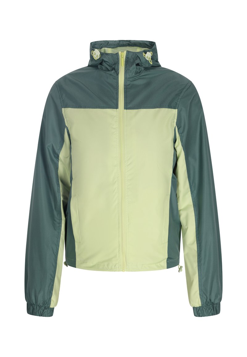Lätt vikbar jacka med tvåfärgad design: övre delen är mörkgrön och nedre delen ljusgrön. Har dragkedja fram, elastiska ärmar och justerbar huva.