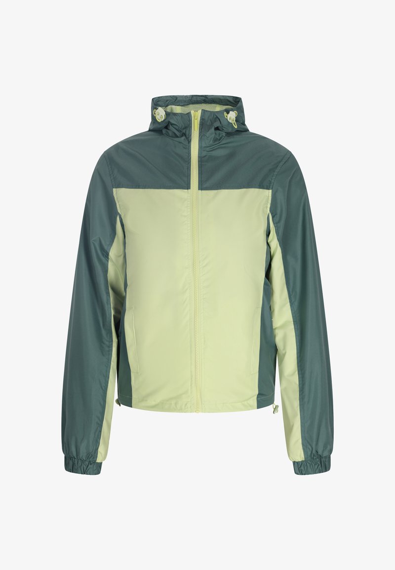 Lekka kurtka o dwukolorowym wzorze: górna część w ciemnej zieleni, dolna w jasnej zieleni. Posiada zamek z przodu, elastyczne mankiety oraz kaptur ze sznurkiem.