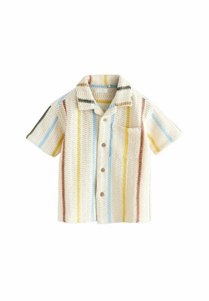 Short-sleeve crochet button-up shirt with front pocket, featuring vertical stripes in blue, yellow, brown, and black on a cream background.