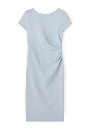Jasnoniebieska sukienka do kolan z krótkimi rękawami i marszczeniem po prawej stronie talii, dopasowany fason.