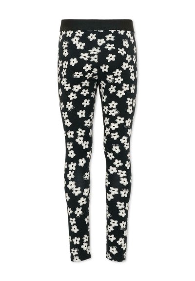 Leggings nere con un motivo floreale bianco. Hanno un design aderente e una cintura nera solida per un comfort maggiore.
