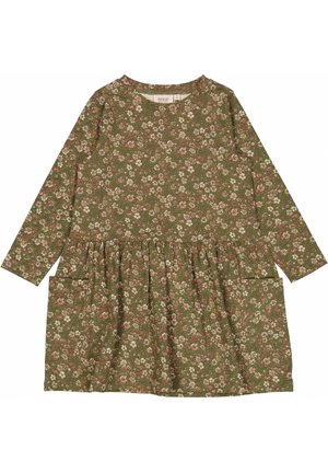 Grünes geblümtes Kleid mit langen Ärmeln, einem gerafften Rock und zwei Seitentaschen. Das Material hat eine weiche, strukturierte Oberfläche.