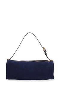 Marineblauwe suède clutch met een ritssluiting, voorzien van een enkele zwarte leren strap en goudkleurige hardware. Rechthoekige vorm.