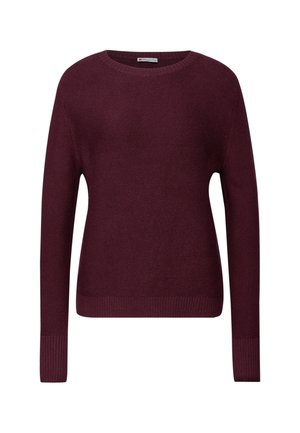 Maglione bordeaux in maglia con collo tondo, maniche lunghe, polsini e orlo a coste, caratterizzato da una texture morbida e una vestibilità comoda.