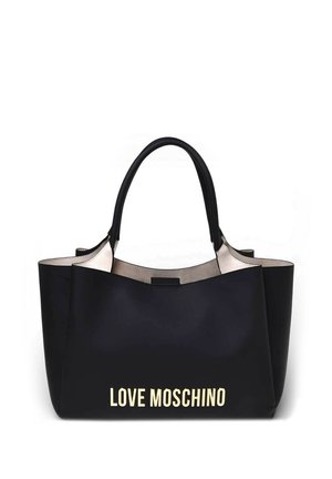 Sac cabas noir avec deux anses et le nom de la marque "LOVE MOSCHINO" en lettres dorées à l'avant, avec une doublure intérieure beige.