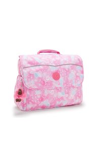 Lyserød messenger taske med blomster- og sommerfuglemønstre. Funktioner inkluderer et håndtag på toppen, magnetisk flap-lukning og en vedhængsvedhæftning. Glat tekstur.