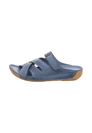 Blue leather slide sandals with perforated upper, adjustable strap, and textured cork sole. Rounded toe design and stitched accents.