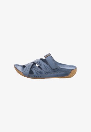 Blue leather slide sandals with perforated upper, adjustable strap, and textured cork sole. Rounded toe design and stitched accents.