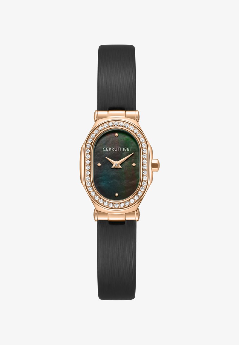 Reloj ovalado de oro rosa con esfera de nácar negro, bisel de diamantes, marcadores minimalistas y correa de cuero negro texturizado con la inscripción "CERRUTI 1881".