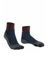 Granatowe i burgundowe skarpety za kostkę z prążkowanymi mankietami, wzmocnionymi szaro-białymi obszarami palców i pięty, z lekką teksturą i czerwonymi akcentami.