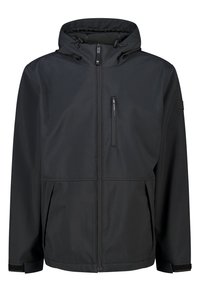 Black waterproof jacket with a hood, front zipper, and chest pocket. Features elastic cuffs and side pockets for storage. Minimalist design.