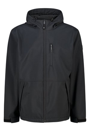 Veste noire imperméable avec capuche, fermeture éclair à l'avant et poche poitrine. Présente des poignets élastiques et des poches latérales pour le rangement. Design minimaliste.