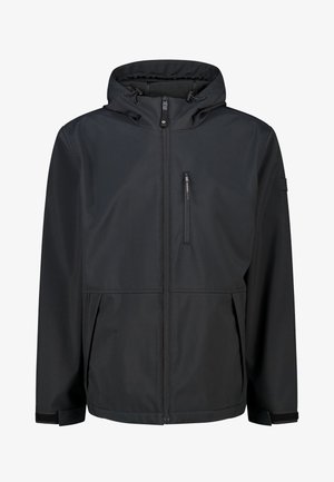 Schwarze wasserdichte Jacke mit Kapuze, Frontreißverschluss und Brusttasche. Mit elastischen Bündchen und Seitentaschen für Stauraum. Minimalistisches Design.