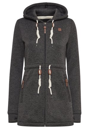 Haut de survêtement zippé gris en tissu texturé, doté d'une capuche à cordon, de cordelettes crème, et d'accents en cuir brun au niveau de la fermeture éclair et de la taille.
