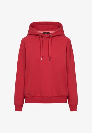 Rode hoodie gemaakt van zachte, gestructureerde stof. Voorzien van verstelbare koordjes, een ontspannen pasvorm, en ribgebreide manchetten en zoom.