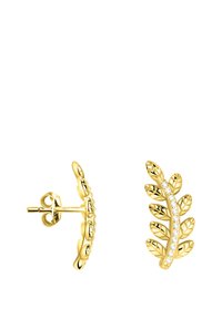 Orecchini a forma di foglia d'oro con un design testurizzato, decorati con cristalli trasparenti lungo un bordo e dotati di una chiusura a pressione sicura.