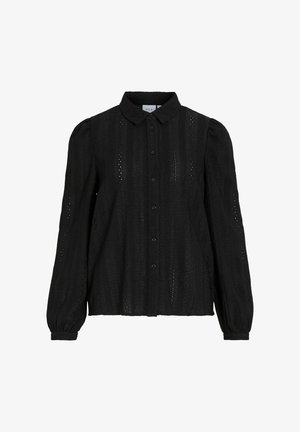 Sort langærmet bluse med krave, fremstillet i tekstureret stof, med knaplukning og hulmønster detaljer langs fronten og ærmerne.