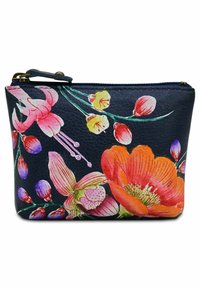 Floraletui met een marineblauwe achtergrond van leer. Bevat levendige roze, gele en oranje bloemen met een ritsluiting.