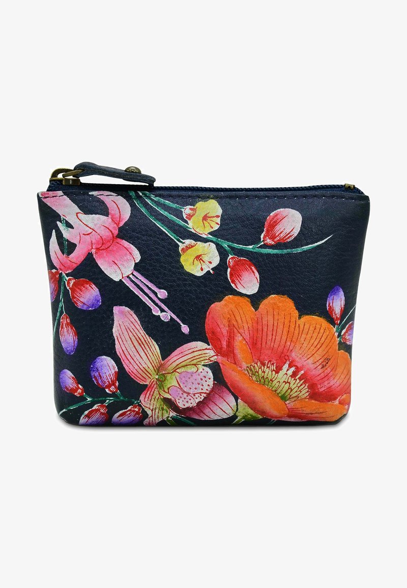 Floraletui met een marineblauwe achtergrond van leer. Bevat levendige roze, gele en oranje bloemen met een ritsluiting.