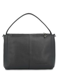 Gray leather handbag with a smooth texture, a top zipper closure, and a single handle. Features a subtle logo detail on the front.