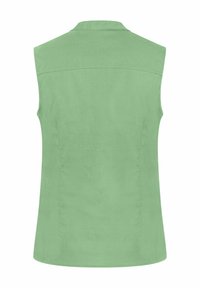 Ärmellose, hellgrüne Bluse mit weicher Textur, einem Kragen und einem geraden Saum. Die Rückseite hat ein schlichtes, sauberes Design ohne Verzierungen.