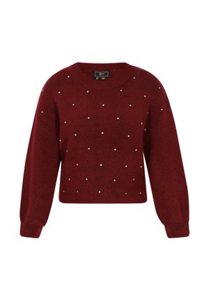 Rode gebreide trui met een ronde hals, ballonsleeves en verspreide rhinestones als versiering. Kort ontwerp met geribde manchetten.