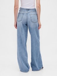 Back view of person wearing light blue wide-leg denim jeans with high waist and white top against plain background.