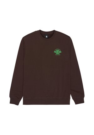 Ciemnobrązowa bluza crewneck z małym zielonym okrągłym logo "Sounds" na lewym piersi, długimi rękawami oraz ściągaczami na mankietach i dole.