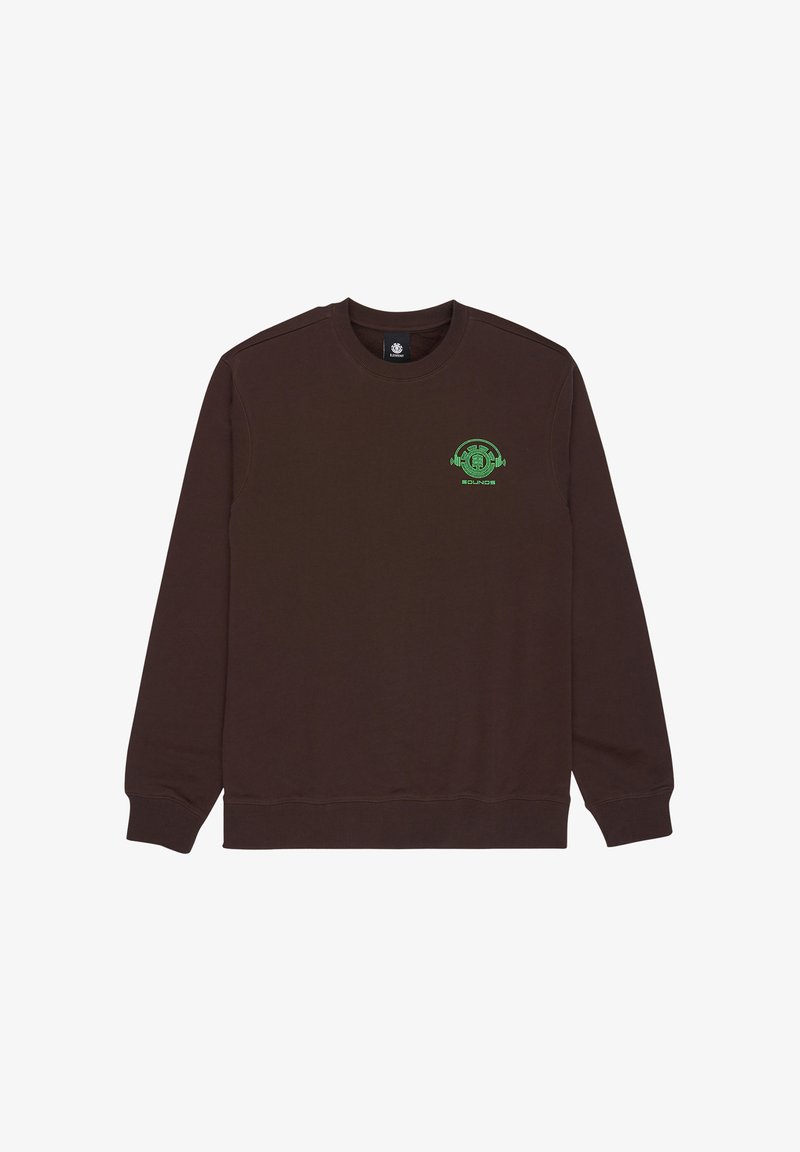 Donkerbruin crewneck sweatshirt met klein groen rond "Sounds"-logo op de linkerborst, lange mouwen en geribbelde boorden bij de manchetten en zoom.