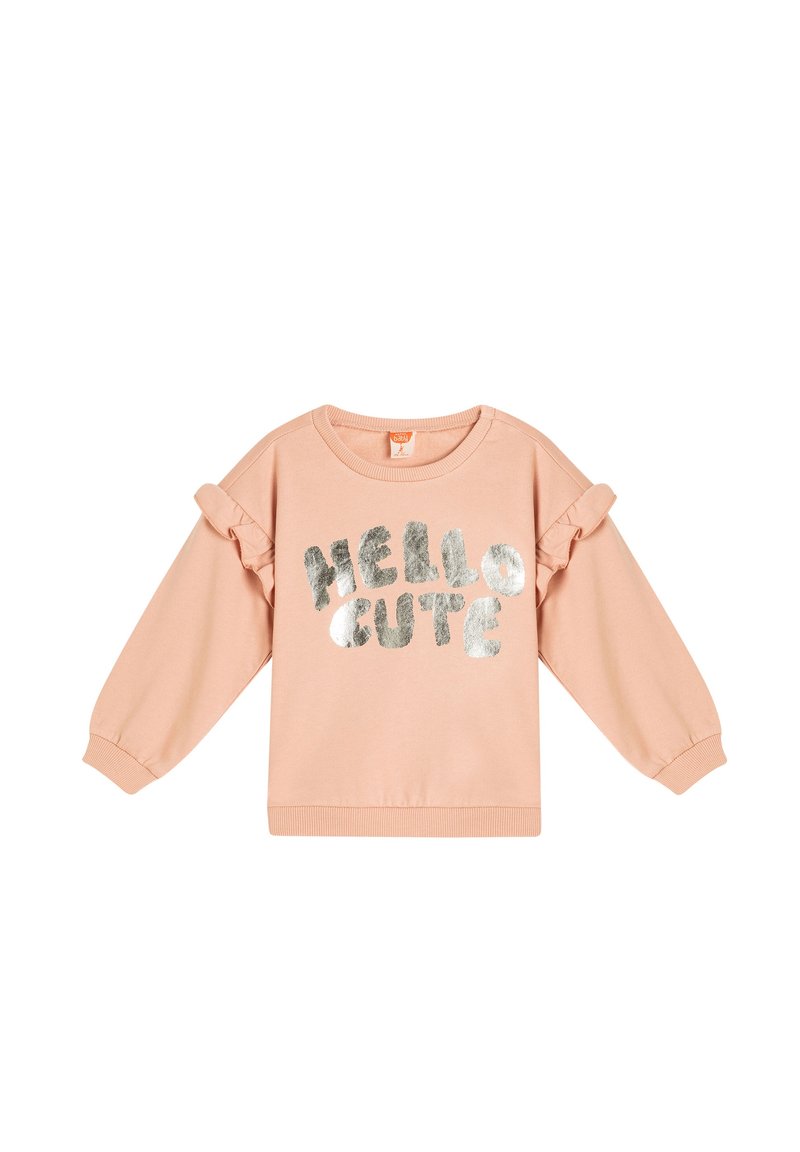 Lyserød sweatshirt med flæseærmer, prydet med sølvmetallic tekst "HELLO CUTE" på forsiden. Fremstillet af blødt stof med ribbede manchetter.