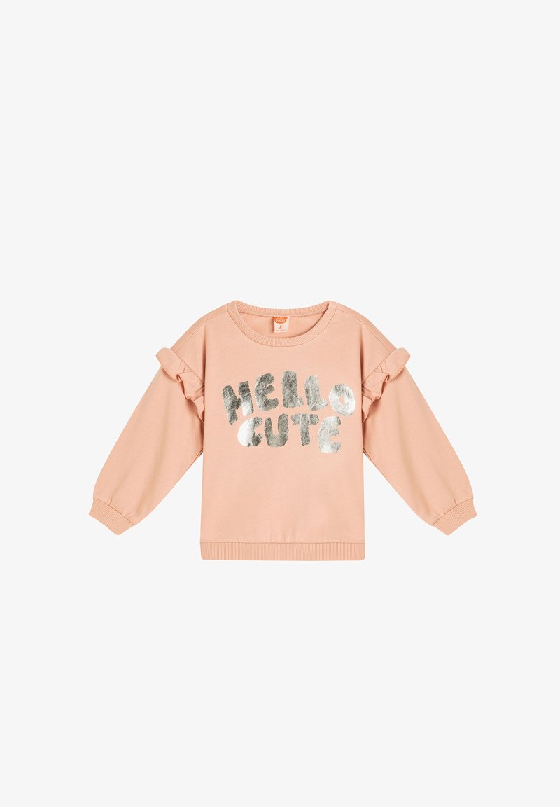 Różowa bluza z falbaniastymi rękawami, z metalicznym napisem "CZEŚĆ SŁODKA" na przodzie. Wykonana z miękkiego materiału, z prążkowanymi mankietami.