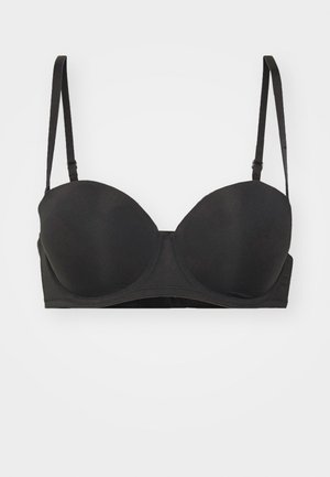 Fekete, pánt nélküli melltartó sima, párnázott kosarakkal, alátámasztást nyújtó dróttal és állítható pántokkal. Puha, rugalmas anyagból készült, varrás nélküli kivitelben.