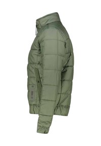 Kurtka puchowa w oliwkowym zielonym kolorze, z pikowanym wzorem, wysokim kołnierzem, zamkiem błyskawicznym oraz bocznymi kieszeniami z patkami.