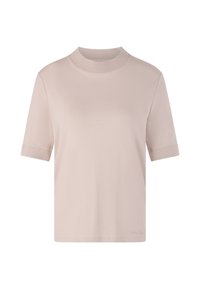 Kurzarm-T-Shirt mit Rundhalsausschnitt aus hellrosa Stoff. Glatte Textur, lockere Passform, mit geripptem Kragen und Bündchen. Minimalistisches Design, keine Muster.