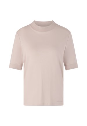 Short-sleeved, crew neck t-shirt in light pink fabric. Smooth texture, relaxed fit, with ribbed collar and cuffs. Minimalist design, no patterns.