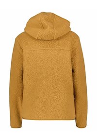 Kapuschong fleece-jacka i senapsgul, med en texturerad, fluffig utsida och en rak nederkant. Baksidan visar ingen synlig hårdvara.