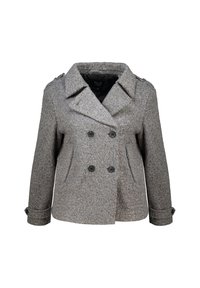 Grijze dubbelzijdige jas in een geweven wolmix. Heeft grote zwarte knopen, zijzakken en een brede kraag met een getailleerde pasvorm.