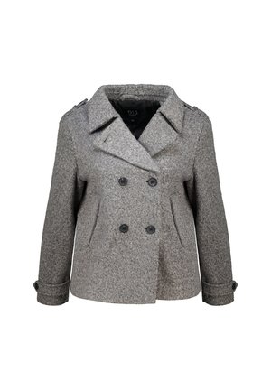 Grijze dubbelzijdige jas in een geweven wolmix. Heeft grote zwarte knopen, zijzakken en een brede kraag met een getailleerde pasvorm.